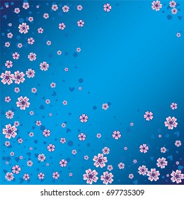 Cherry blossom on navy blue background. Beautiful falling sakura pattern. Random explosion of scatter flowers, dots, hearts and petals.