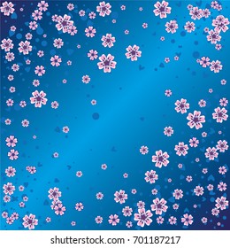 Cherry blossom on navy blue background. Beautiful falling sakura pattern. Random explosion of scatter flowers, dots, hearts and petals.