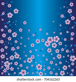 Cherry blossom on navy blue background. Beautiful falling sakura pattern. Random explosion of scatter flowers, dots, hearts and petals.