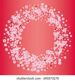 Cherry blossom on red background. Beautiful sakura frame or border of random scatter flowers, dots, hearts and petals.