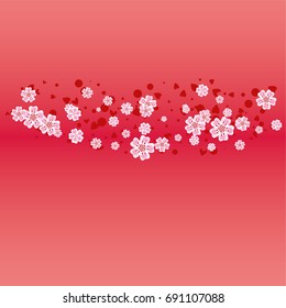 Cherry blossom on red background. Beautiful sakura frame or border of random scatter flowers, dots, hearts and petals.