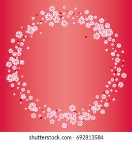 Cherry blossom on red background. Beautiful sakura frame or border of random scatter flowers, dots, hearts and petals.