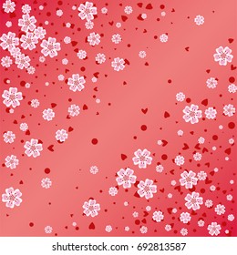 Cherry blossom on red background. Beautiful falling sakura pattern. Random scatter explosion of flowers, dots, hearts and petals.