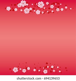 Cherry blossom on red background. Beautiful sakura frame or border of random scatter flowers, dots, hearts and petals.