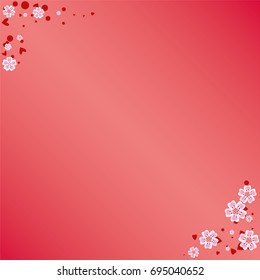 Cherry blossom on red background. Beautiful sakura frame or border of random scatter flowers, dots, hearts and petals.
