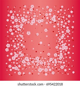Cherry blossom on red background. Beautiful square sakura frame or border of random scatter flowers, dots, hearts and petals.
