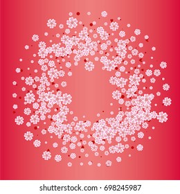 Cherry blossom on red background. Beautiful sakura frame or border of random scatter flowers, dots, hearts and petals.