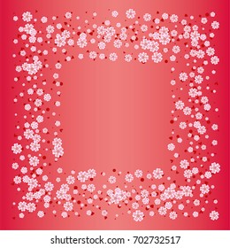 Cherry blossom on red background. Beautiful square sakura frame or border of random scatter flowers, dots, hearts and petals.