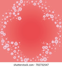 Cherry blossom on red background. Beautiful shamrock shape sakura frame or border of random scatter flowers, dots, hearts and petals.