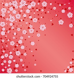 Cherry blossom on red background. Beautiful falling sakura pattern. Random scatter explosion of flowers, dots, hearts and petals.