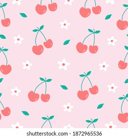 Cherry blossom ornament. Red cherry and white flowers on a pink background. Natural organic seamless pattern.