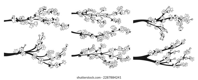 Cherry blossom outline sakura twigs with flowers collection. Elegant Japanese blooming branches plant with flowers set. Asian Chinese spring decorative cherry blossoming. Vector oriental illustration