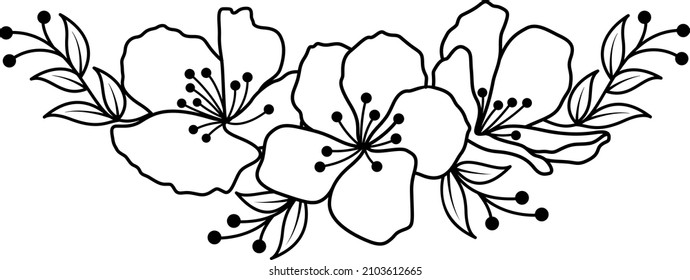 Cherry Blossom Outline Style. Beautiful Sakura Bouquet. Vector Illustration.