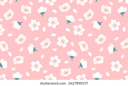 Cherry blossom pattern background. Vector cute spring floral print with white sakura flowers and falling petals on pink. Natural flat texture for wrapping, fabric, decor, wallpaper, fashion.
