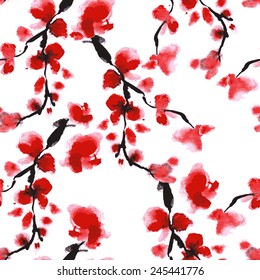 Cherry blossom pattern. Japanese floral background with blooming red flowers. Flowers spring - Japanese cherry Sakura. vector Watercolor pattern branch blooming.