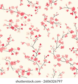 Cherry blossom pattern, with pink and red flowers on a white background. small flower, tiny flower seamless pattern vector illustration, doodle summer, kids and baby designs for print fabric.