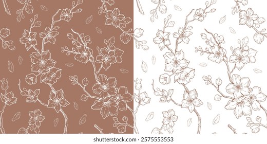 Cherry blossom pattern. Sakura flowers seamless bg. Floral japanese background in mocha mousse color. Line vector cherry blossom. Spring art, chinese tree for 2025 year. Illustration of flower branch