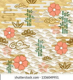 Cherry blossom pattern seamless vector. Cloud, bamboo, sakura flower and wave elements background.
