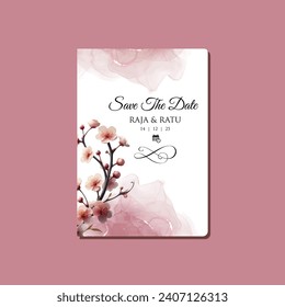 cherry blossom patterned wedding invitations and save the date with a pink alcohol water theme