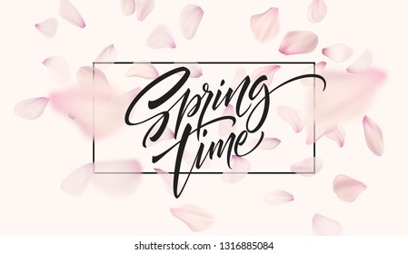 Cherry blossom petal background with Spring time lettering. Vector illustration EPS10