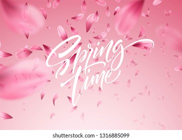 Cherry blossom petal background with Spring time lettering. Vector illustration EPS10