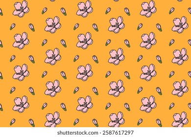 cherry blossom petals and buds colorful seamless pattern on yellow background. cherry blossom doodle illustration pattern background. cherry blossom petal flowers background for florist merchandise