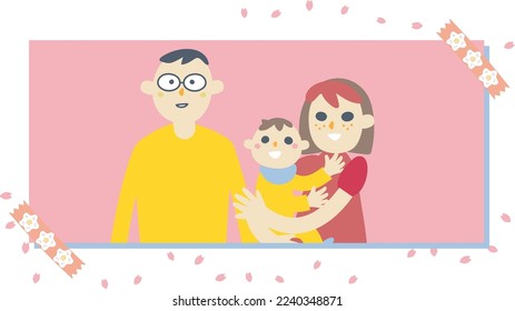 Cherry blossom petals and a young family sticker style illustration material

