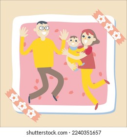 Cherry blossom petals and a young family sticker style illustration material
