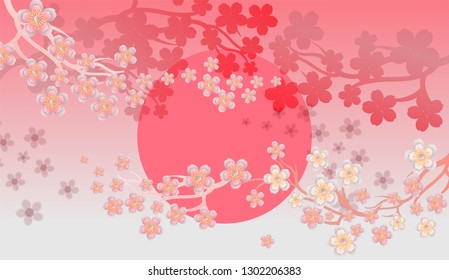 Cherry blossom pink flower paper cut on beautiful background - vector