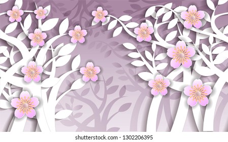 Cherry blossom pink flower paper cut on beautiful background - vector
