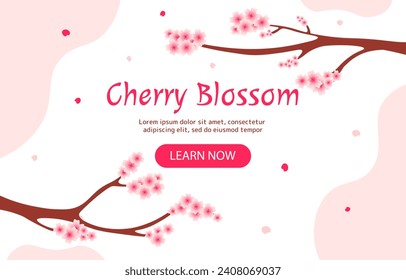 Cherry blossom poster. Branches of sakura with foliage and leaves. Landing page design. Traditional japanese bloom and blossom plants. East asian symbol. Cartoon flat vector illustration