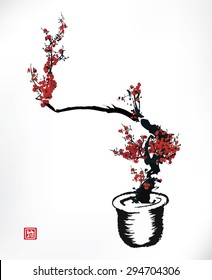 cherry blossom pot ink painting
