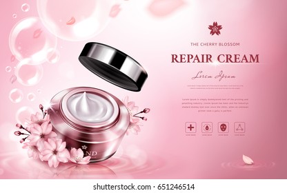 cherry blossom repair cream contained in a jar, with romantic flowers and bubbles, pink background 3d illustration