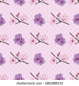 Cherry blossom repeat pattern on polka dots background