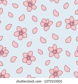 Cherry Blossom repeat vector pattern in drawing style in cute pastel color.