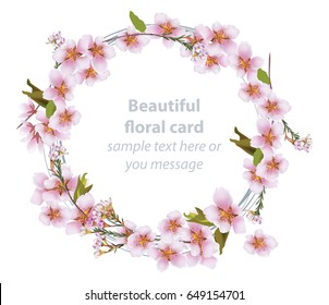 Cherry blossom round card frame. Spring delicate flowers Wedding Invitation. Place for text. Vector illustration