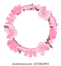 Cherry blossom round floral frame 3d pink flat. Circle bloom spring avatar picture border sakura photo design lettering greeting card invitation seasonal ads fashion banner Japanese style isolated