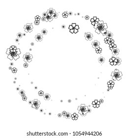 Cherry blossom round frame or border isolated on white. Black and white. Coloring book