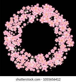 Cherry blossom round frame or border isolated on black