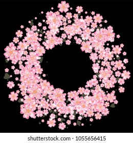 Cherry blossom round frame or border isolated on black