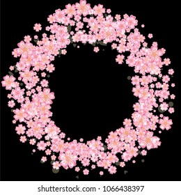 Cherry blossom round frame or border isolated on black