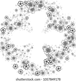 Cherry blossom rounded frame or border isolated on white. Black and white. Coloring book