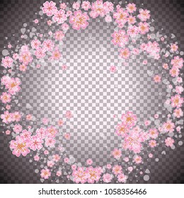 Cherry blossom rounded frame or border on transparent background