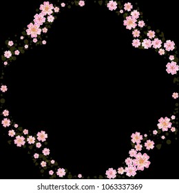 Cherry blossom rounded frame or border isolated on black
