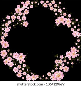 Cherry blossom rounded frame or border isolated on black