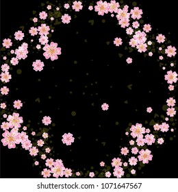 Cherry blossom rounded frame or border isolated on black