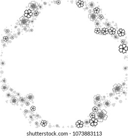 Cherry blossom rounded frame or border isolated on white. Black and white. Coloring book