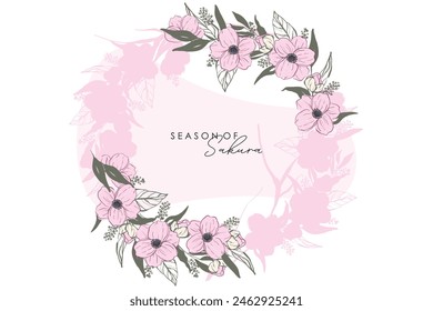 Cherry blossom Sakura bloom template. Pink cherry blossom flowers illustration. Spring cherry blossom frame.