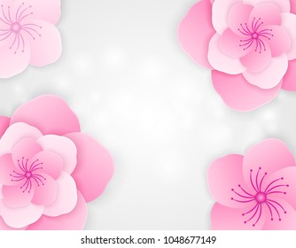 Cherry blossom, sakura branch , Top view pink flowers background. paper art style springtime background. design with shadows .Vector 
