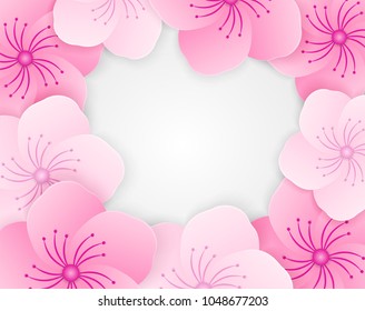 Cherry blossom, sakura branch , Top view pink flowers background. paper art style springtime background. design with shadows .Vector 